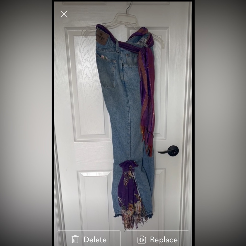 Boho hippie boy friend jeans with bell bottom inserts and sash, flowers, denim
